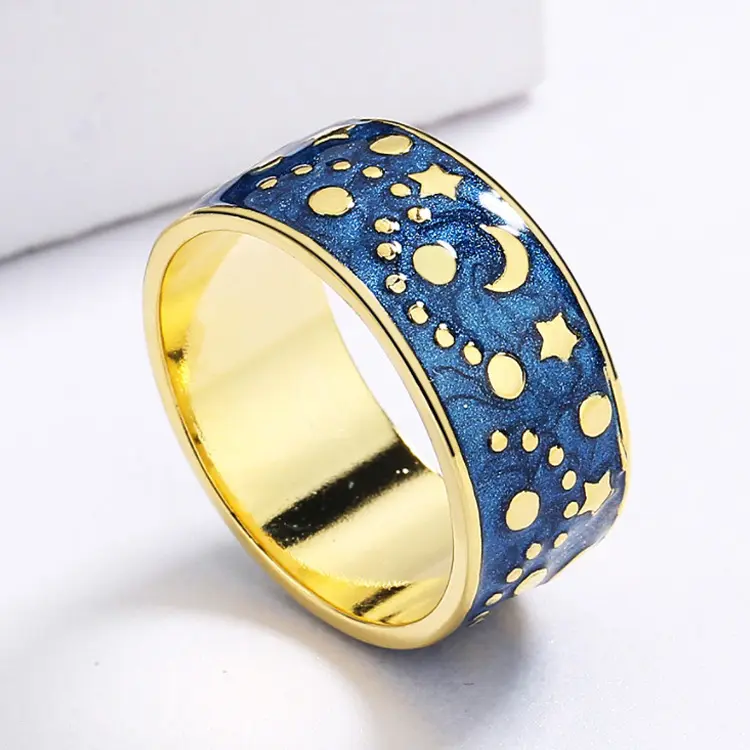 Enamel perhiasan Set baru indah bintang dan bulan bentuk dua warna buatan tangan biru Enamel cincin dan Anting untuk wanita