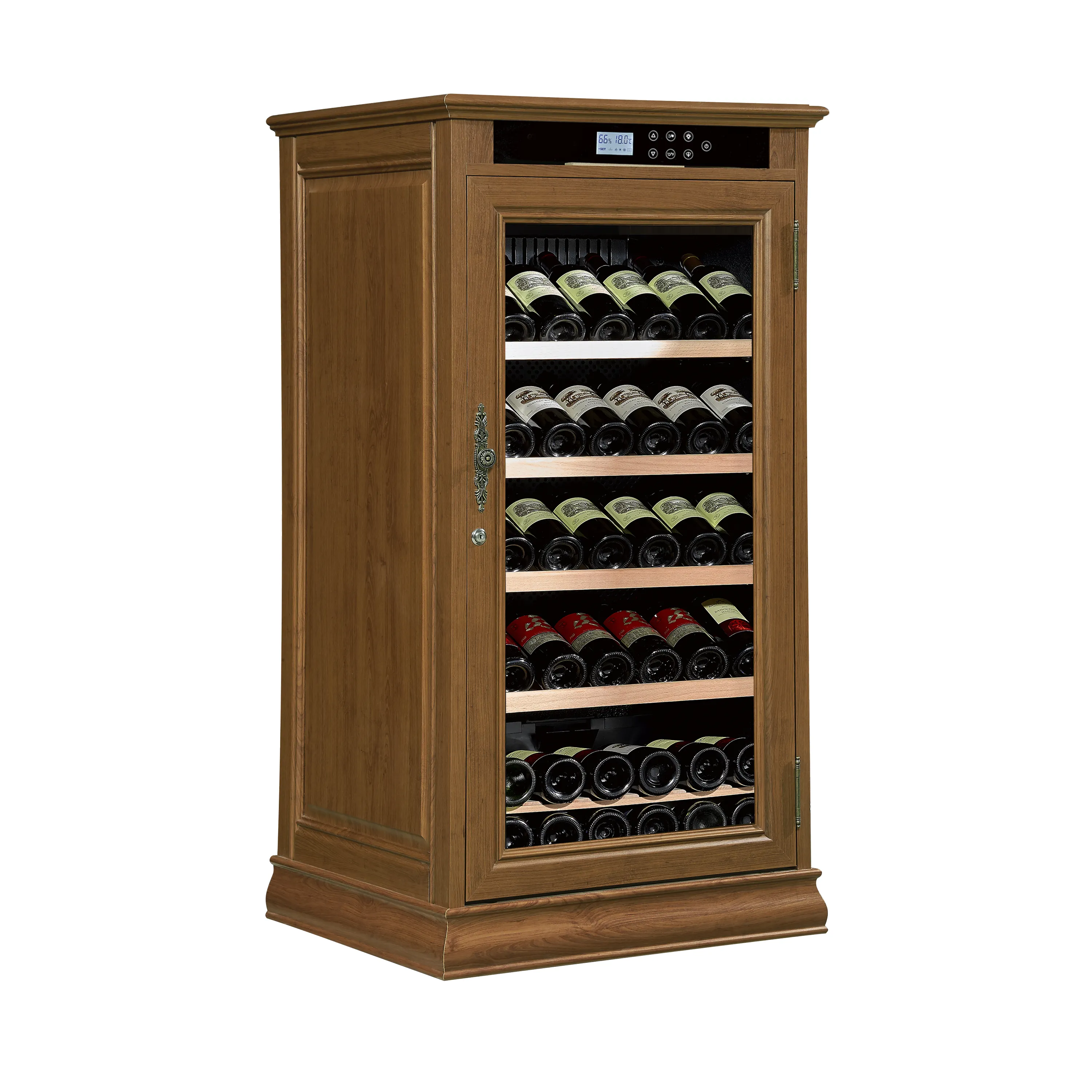 Listado Compresor de puerta de vidrio de temperatura constante independiente Pantalla de temperatura de luz LED Gabinete de madera para vino y bebidas