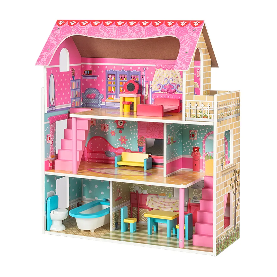 New Design Diy Three-layer Girls Big wooden dollhouse para crianças com 14 móveis pequenos