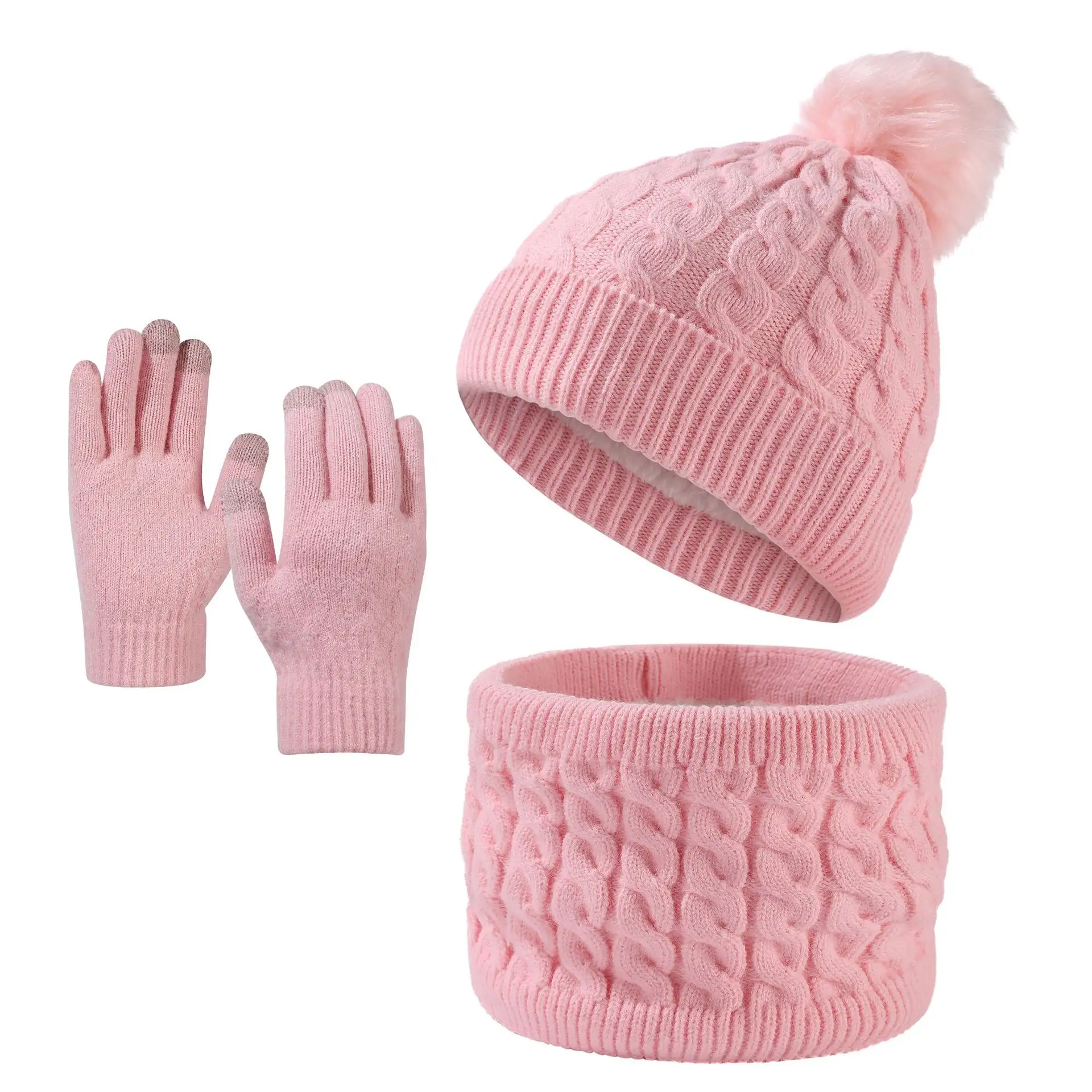 Toptan yüksek kalite kış sıcak termal çocuk akrilik örme katı bere şapka eşarp eldiven için kürk Pom Pom ile Set Ki