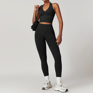 3 adet kadınlar nervürlü dikişsiz i-şekilli yelek yüksek bel pantolon Yoga seti Lady Halter üst çalışan Bodysuits kadın bağlı ayak eşofman - Product Image 4