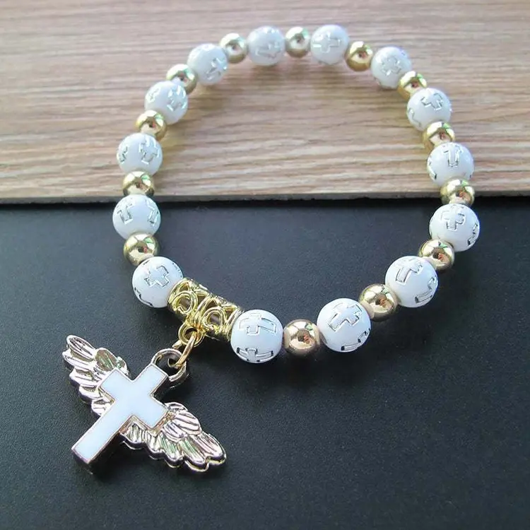 Bracciali rosario croce ala d'angelo ciondoli croce in oro bianco con ali d'angelo braccialetti con perline battesimo in acrilico per donna ragazze ragazzo B