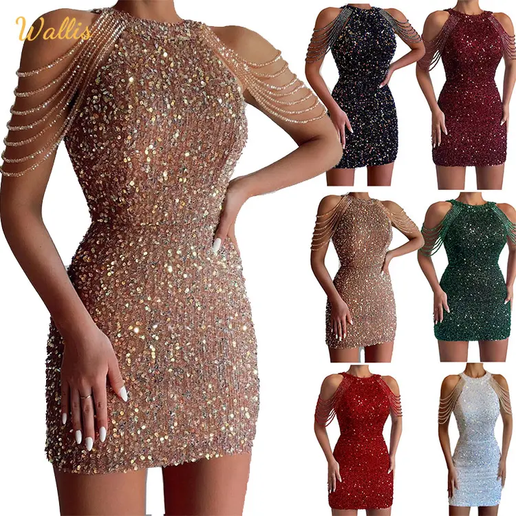 Mode aus der Schulter Perlen Gold Pailletten Pailletten Luxus Party Wrap Hüfte kurze Kleider Sexy Kristall Quaste Abendkleid