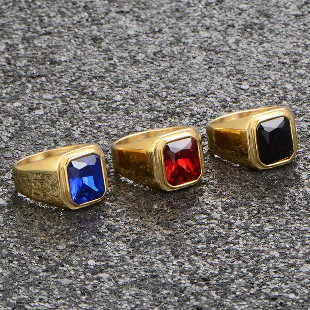 Square Black Red Stone Ring Male Rock Punk Jewelry Titanium Steel Retro Signet Cubic Zircon Ring For Men