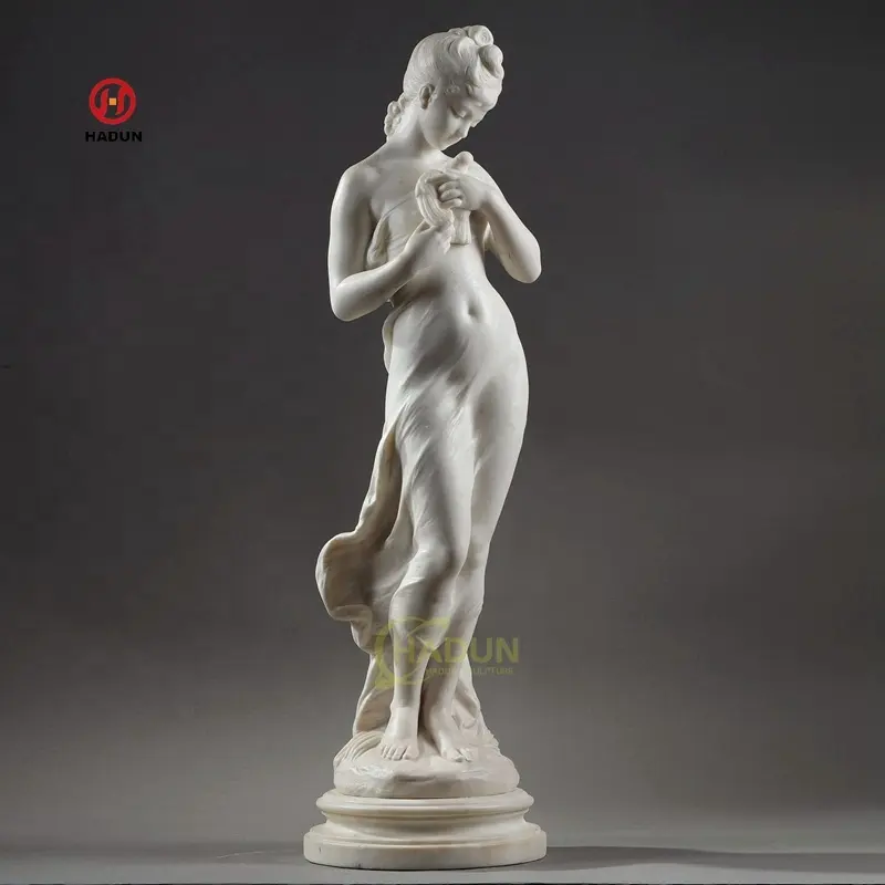 Jardim ao ar livre vida tamanho pedra natural mão esculpida branco sexy senhora escultura mármore menina estátua