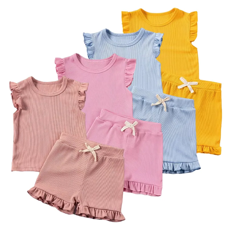 Conjunto de duas peças de malha de bambu orgânico com nervuras para crianças, conjunto de roupas infantis personalizadas para meninas, camiseta e shorts de verão sustentáveis
