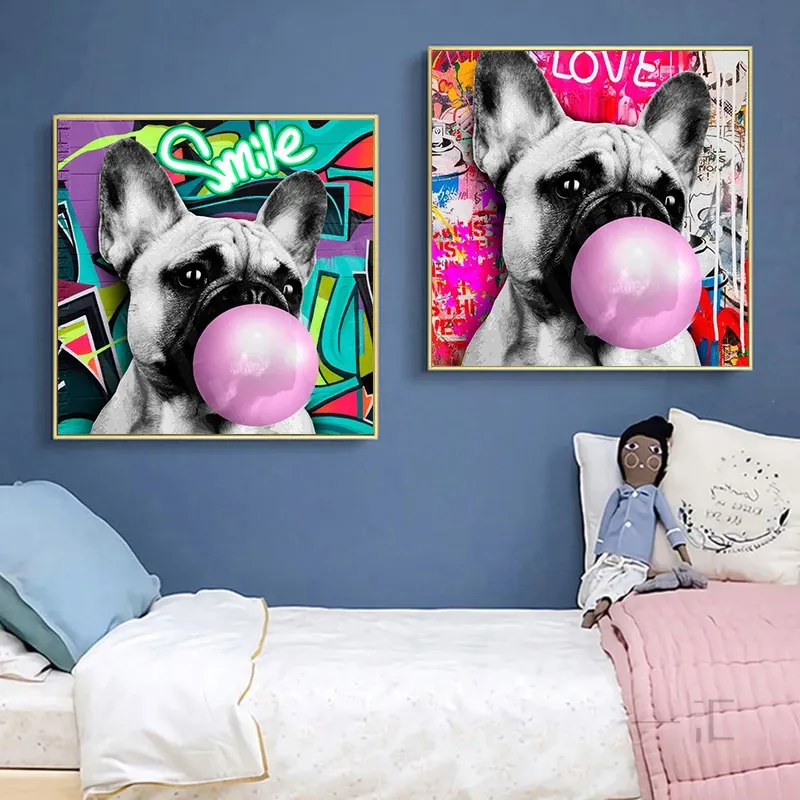 Pósteres de arte Pop de Bulldog Francés con burbujas de soplado, pintura en lienzo con impresiones de pared, Mural de animales bonitos para decoración de habitación de niños, Cuadros