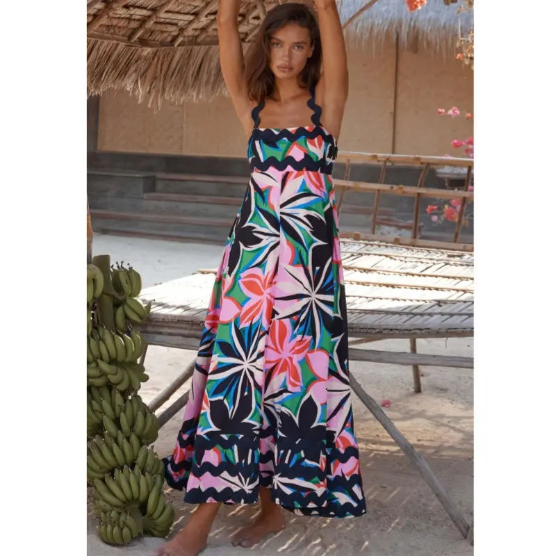 Vestidos largos para mujer, estampado de flores, correa de espagueti, cintura alta, falda grande, dobladillo, vestido Maxi para mujer, verano 2024, Fiesta en la playa Bohemia