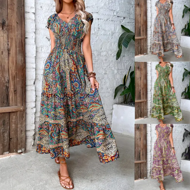 Nieuwe Vintage Dresshot Verkoop Aankomst Zomer Mouwloze Bloemenprint Eenvoudige Smaak Dames Flare Losse