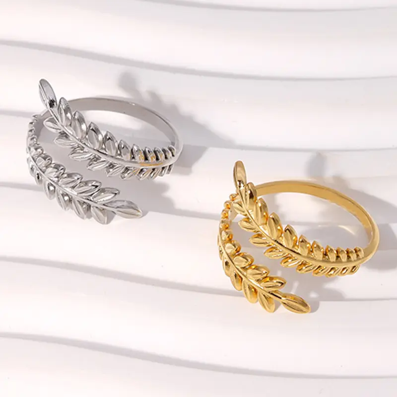 Hanpai מכירה לוהטת באיכות גבוהה תכשיטים זהב עלה טבעת מתכווננת פתיחת טבעת נירוסטה טבעת