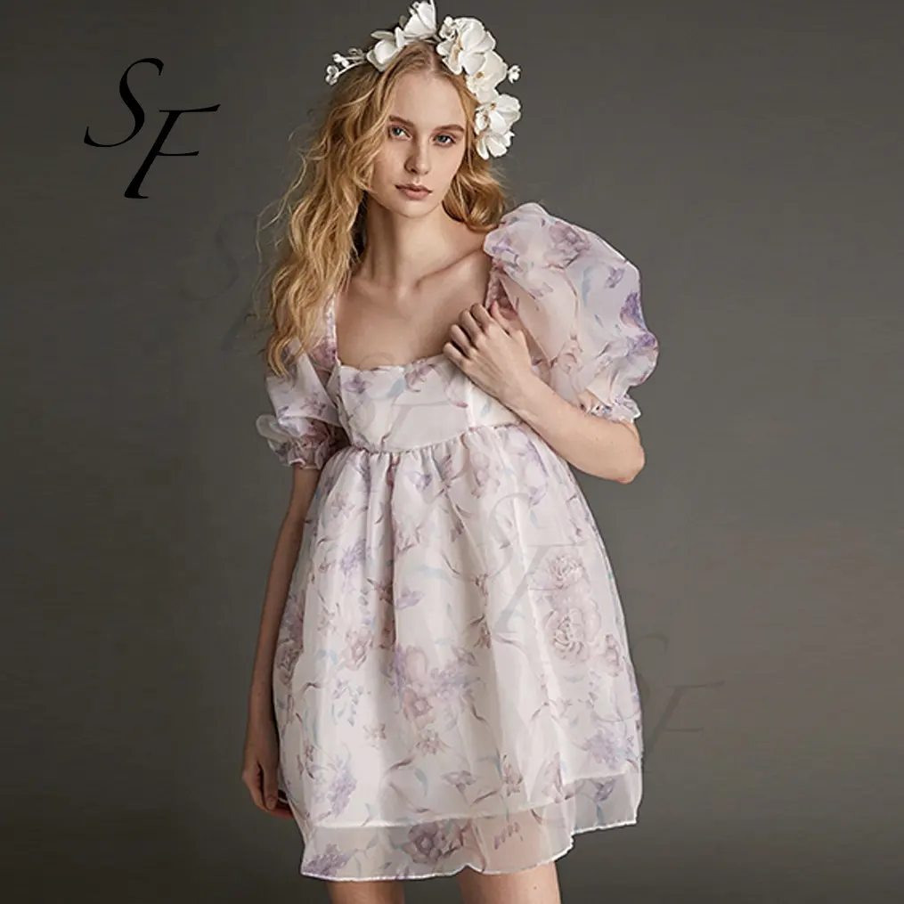 Star Fashion Wholesale sexy summer Custom Plum Organza stampa floreale collo quadrato manica a sbuffo Baby doll Mini Dress