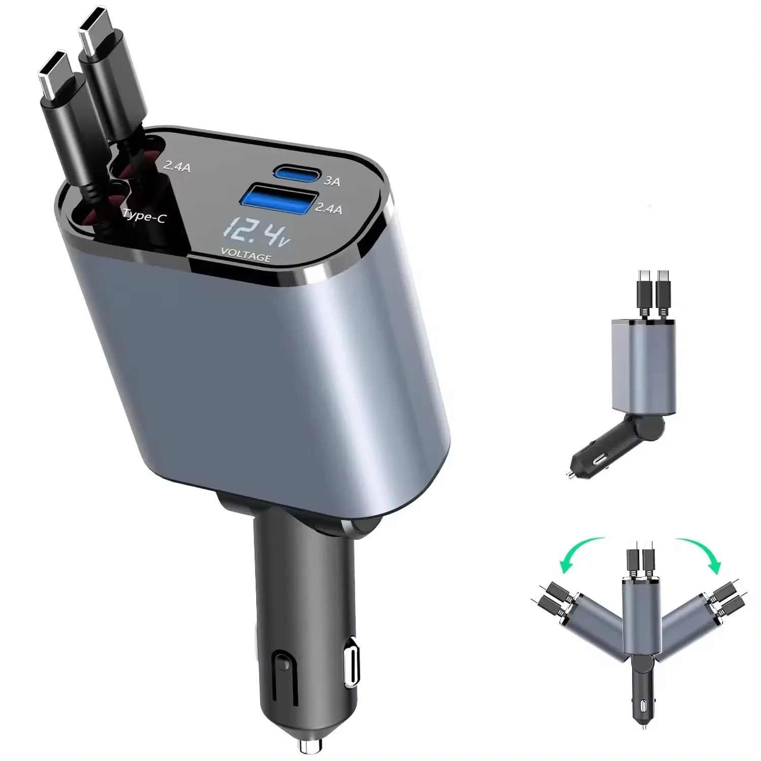 Carregador de carro retrátil USB rápido C Display digital LED 120W 4 em 1 Adaptador Rápido 2 Portas Tipo C PD Carregador de estação de carregamento