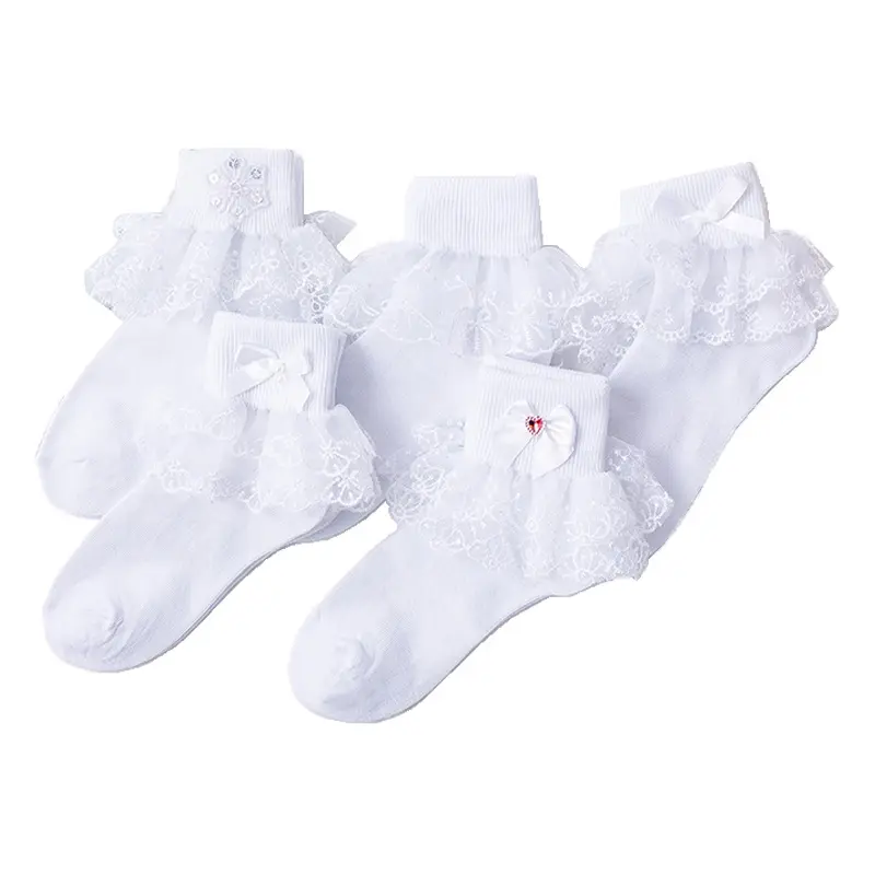 Calcetines de encaje con lazo y perlas para bebé y niña, medias blancas con volantes, venta al por mayor