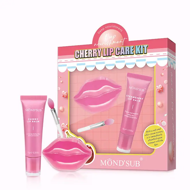 Korean Vegan Fruit Pink Lip Kit Moisturizing Sleeping Gel Glowy Lip Balm Mask Cherry Lip Care Set Private Label