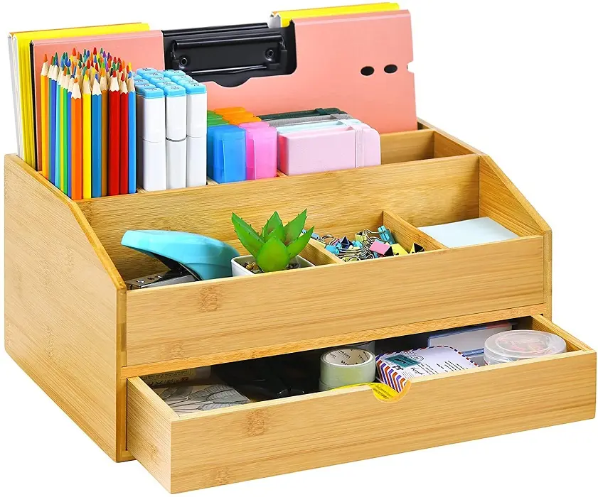 Kantoor Woonaccessoires Opslag Set Tafel Top Bestand Pen Houder Bamboe Houten Bureau Organizer Met Lade