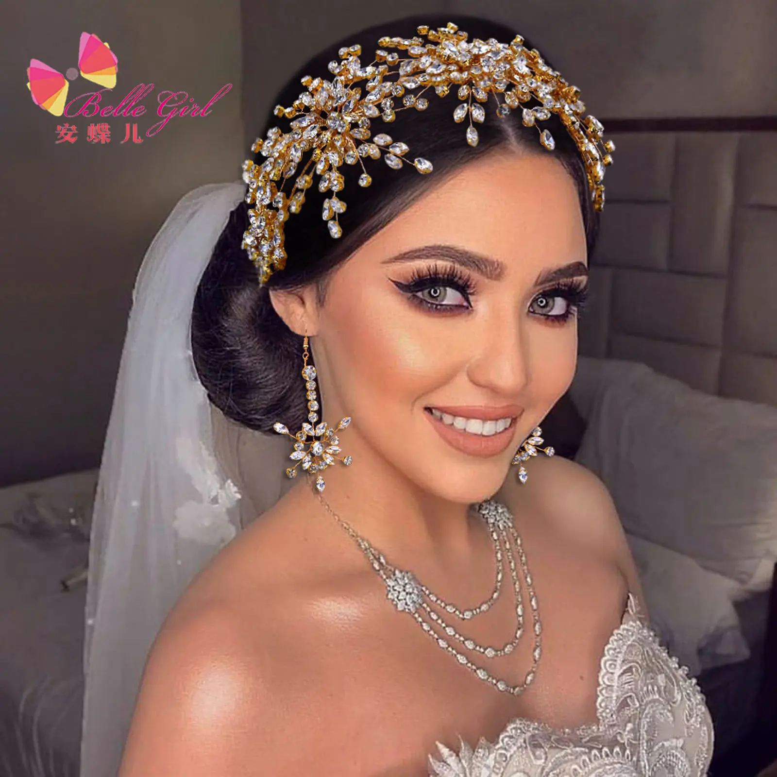 BELLEWORLD embalaje personalizado diamantes de imitación diadema pendientes conjunto plata oro mujeres fiesta boda diadema accesorios para el cabello nupcial