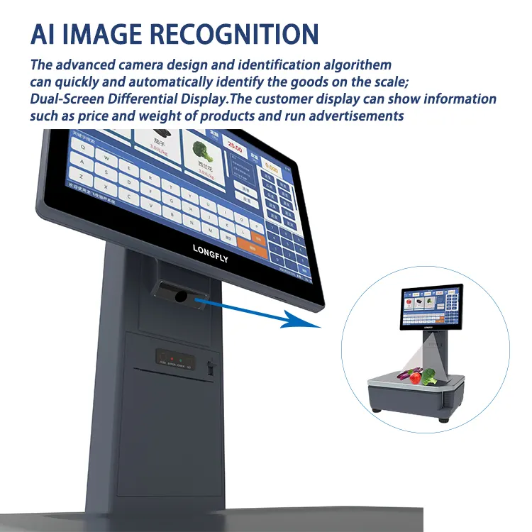 LongFly etiqueta escala 15,6 polegadas Dual Touch Screen Digital pesando pos terminal AI etiqueta de identificação escala para supermercado