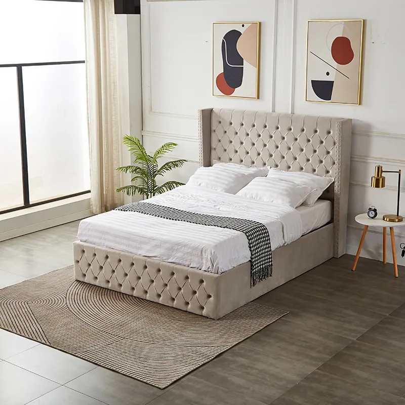 Mobília de quarto por atacado de fábrica cama moderna luxuosa estofada Queen King cama de casal de armazenamento elevatório