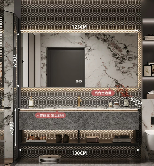 130cm Marble Countertop& Ceramic Sink+smart mirror