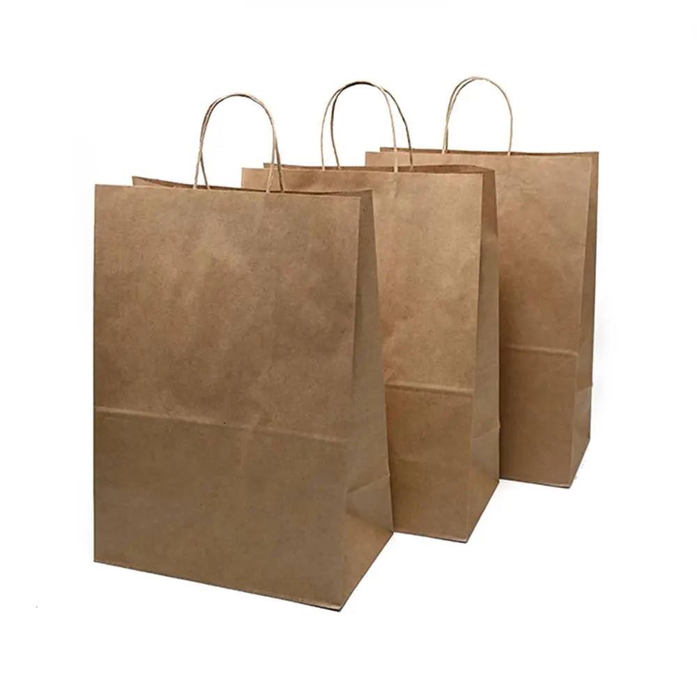 Alışveriş için kolları ile toptan özel Logo baskılı bakkal ambalaj düz doğal kahverengi kraft kağıt torbalar