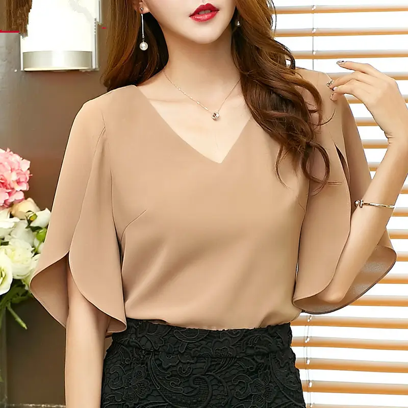Summer Blouses Womens Casual Solid Chiffon Shirt Blusa Feminina Bat Sleeve Korean Loose Blouse Top