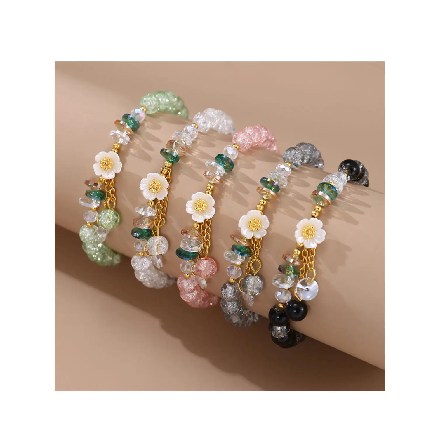 Pulseira de contas de vidro com estampa floral elegante estilo coreano japonês para mulheres