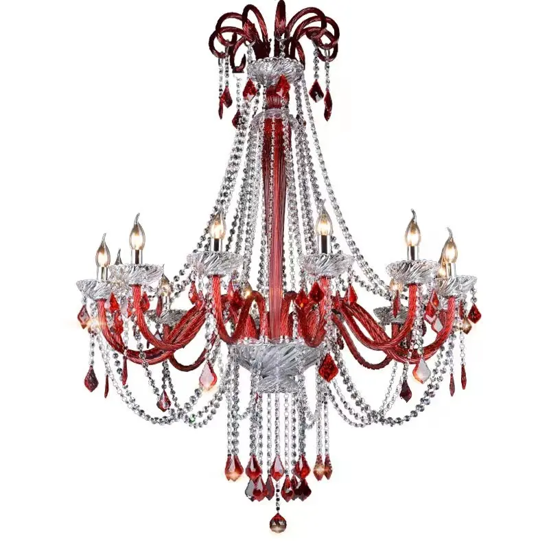 Lustre européen en cristal rouge, lampe suspendue en cristal de mariage pour plafond, décoration de la maison