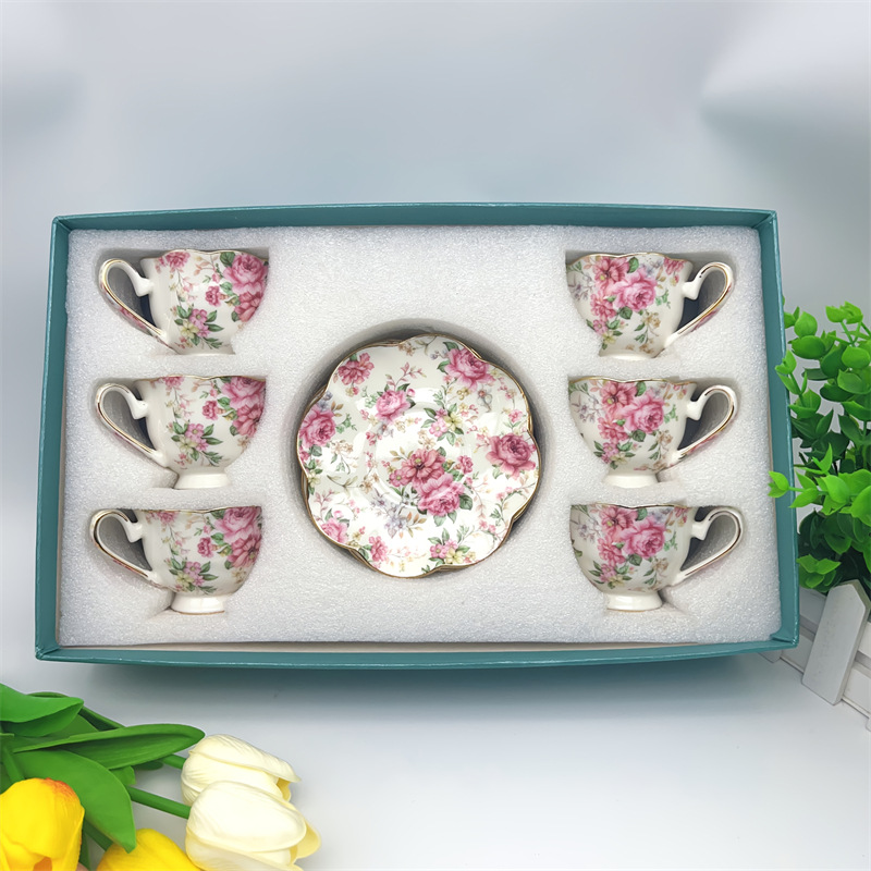 Lotus mouth small cup and saucer white flowers-6 cups 6 plates