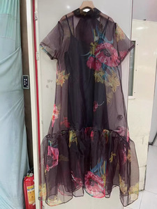 AELESEEN bahar yaz Boho gevşek elbise kadın kısa kollu Vintage baskılı şifon orta uzunlukta rahat tarzı gevşek Ruffles XXL - Product Image 3