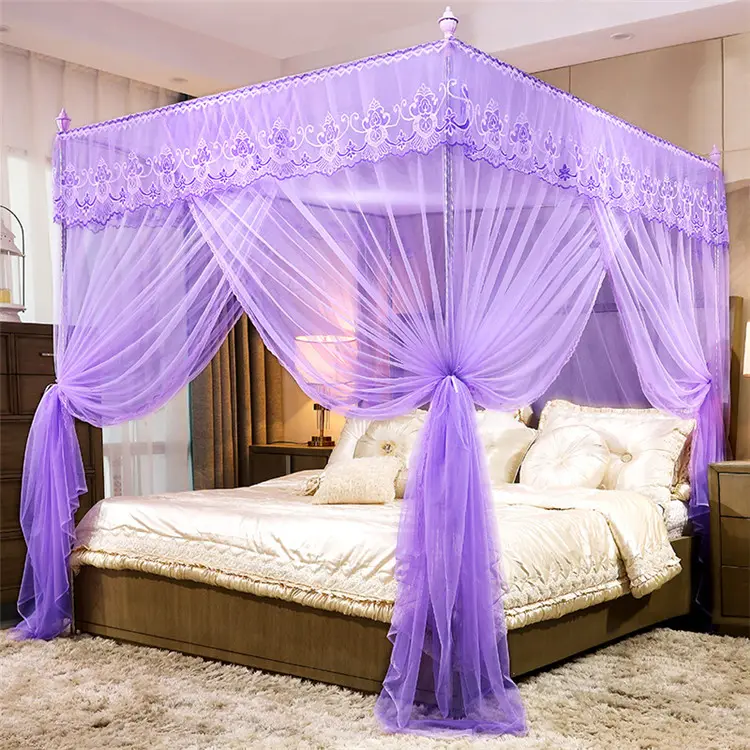 Palazzo europeo viola Hang Quadrate letto matrimoniale pieghevole pieghevole a quattro angoli eleganti zanzariere per letto per ragazze letto matrimoniale