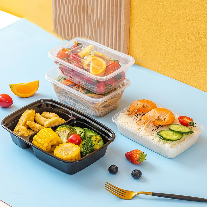 Plástico desechable de grado alimenticio 2 compartimentos comida rápida Snack Tiffin almuerzo Bento ensalada Picnic postre comida preparación contenedor caja