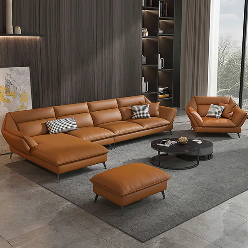 Mobiliário de casa moderno de luxo, sala de estar de couro europeu sofá em forma de l