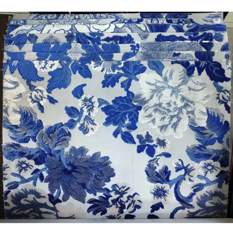 Tela de terciopelo Jacquard geométrica para sofá y cortina, tejido 90% algodón 10% poliéster clásico azul de lujo, Árabe