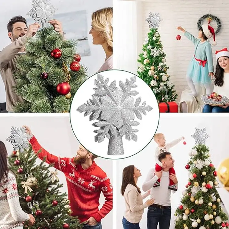 Christmas Tree Topper Lighted with Silver Snowflake Projector Led Rotating Magic Snowflake for Christmas Tree Decorations