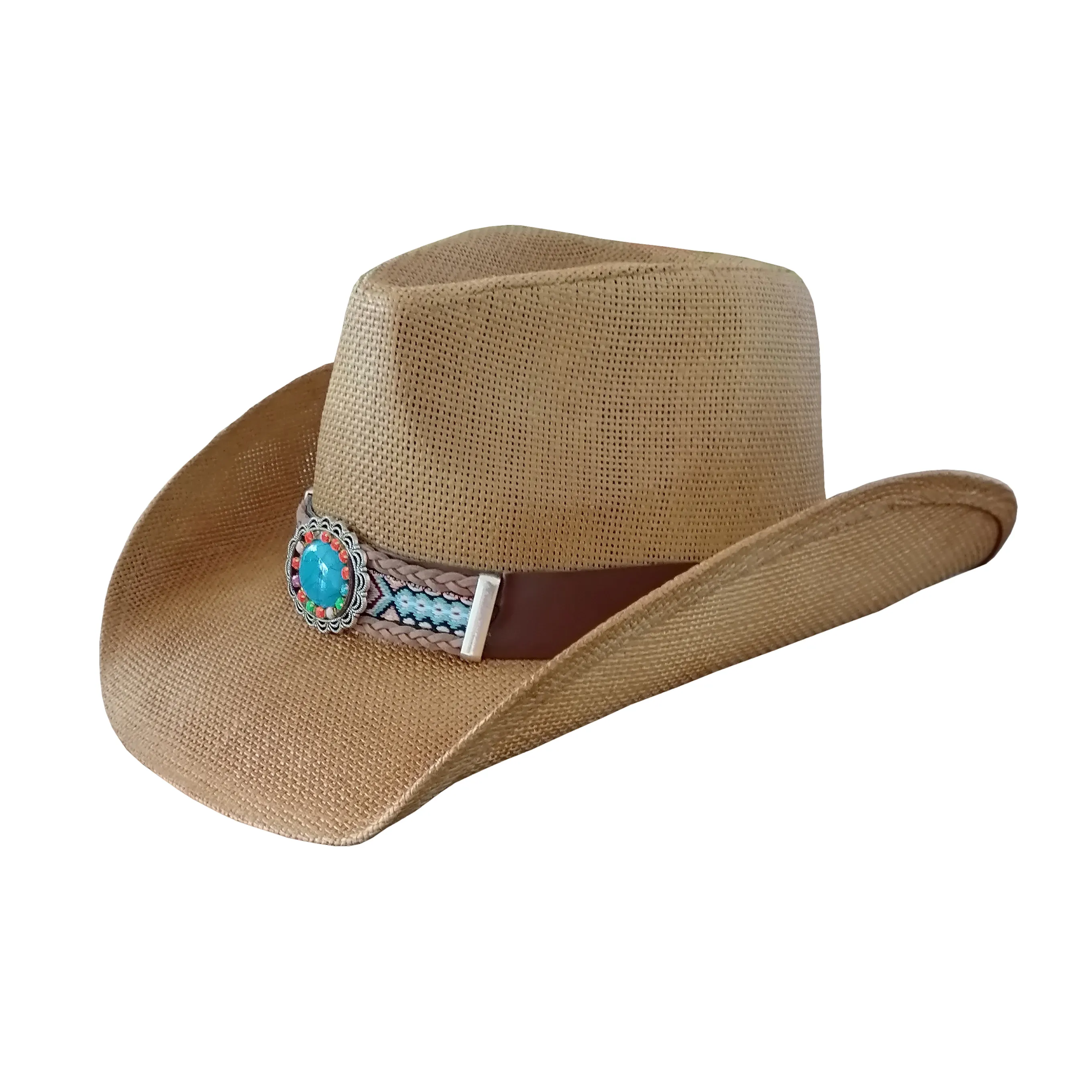1803E cappello da Cowboy in paglia di carta da uomo USA tesa americana Sombreros nastro nappa fascia a tesa larga cappello da spiaggia in paglia