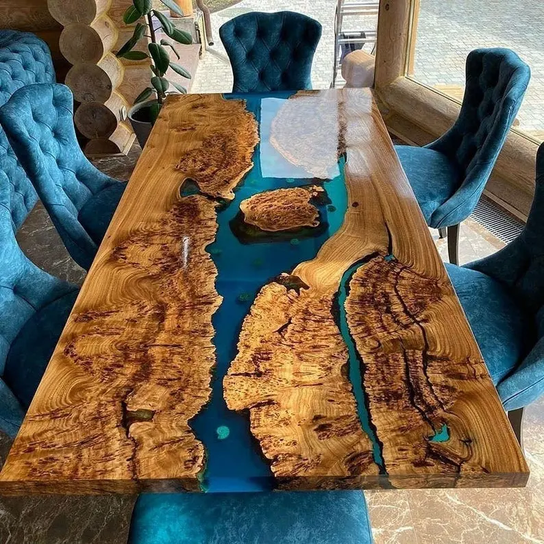 Mesa de comedor de madera epoxi personalizada, mesa de resina y madera para muebles de comedor y oficina, venta al por mayor de fábrica