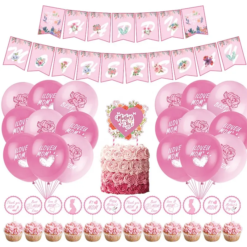 Kit de balões para decoração de dia das mães, decoração de fundo de papel, banner, conjunto de balões rosa, suprimentos para festas e decorações
