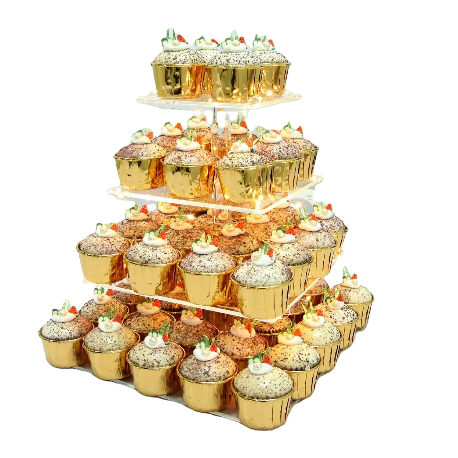 Decoración de fiesta de boda de cumpleaños 4 niveles acrílico cuadrado Cupcake postre pastel soporte con luces Led