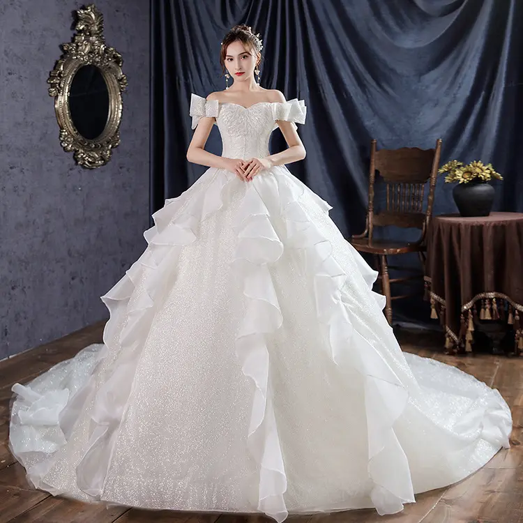ZX-654 2023 nouvelle épaule ivoire robe de bal robe de mariée Bling Bling à lacets robes de mariée grande taille robe de mariée