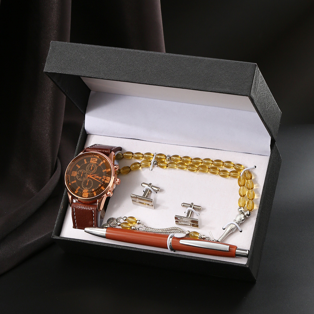 m02 brown-5-piece set-watch beads-pen cufflinks-wooden gift box
