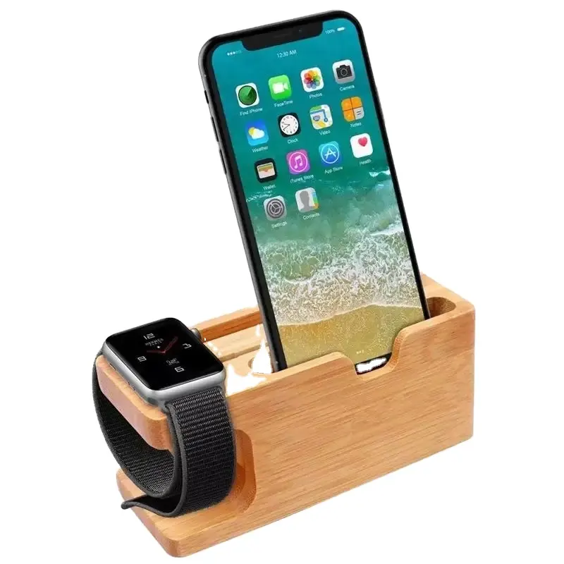Caricabatterie in legno di bambù per Apple Watch per Dock di ricarica per telefono cellulare supporto per cellulare in legno massello