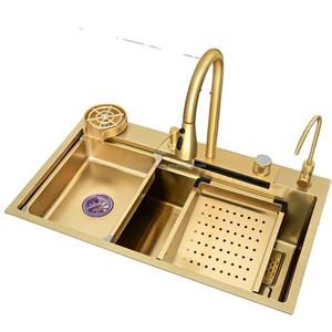 Hand Made Stain Kitchen <strong>Sinks</strong> Gold Nano Finish 3mm Thick Single Bowel Kitchen <strong>Sink</strong> Set Large Space <strong>with</strong> Drain <strong>Overflow</strong> - Product Image 1