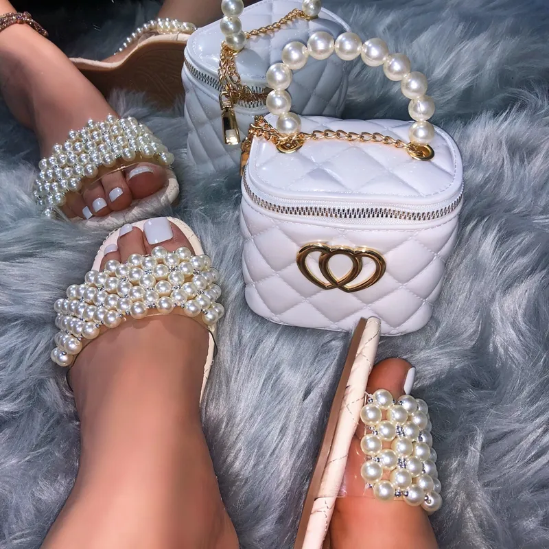 BoBoYu perla delle donne sandali sacchetti di corrispondenza set piatto slides slipper borsa a mano set delle signore sandali di strass e set borsa