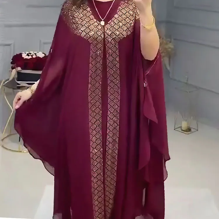 아라비안 가운 진주 쉬폰 드레스 중동 이슬람 핫 다이아몬드 가운 쉬폰 교회 드레스 내부 스커트