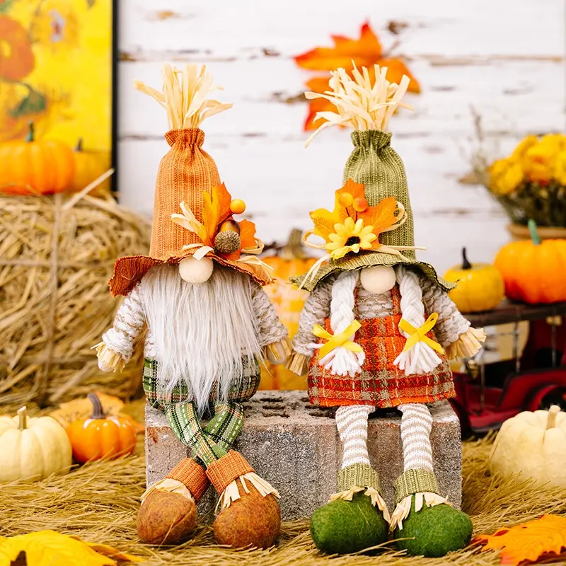 Decoración de Acción de Gracias temporada de cosecha hoja de arce sombrero de paja Rudolf piernas colgantes muñeca duende enano otoño Gall Gnome muñecas de peluche