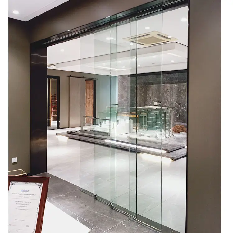 Ticari ofis bölmesi güvenlik temperli çerçevesiz cam sürgülü kapılar iç fiyatları