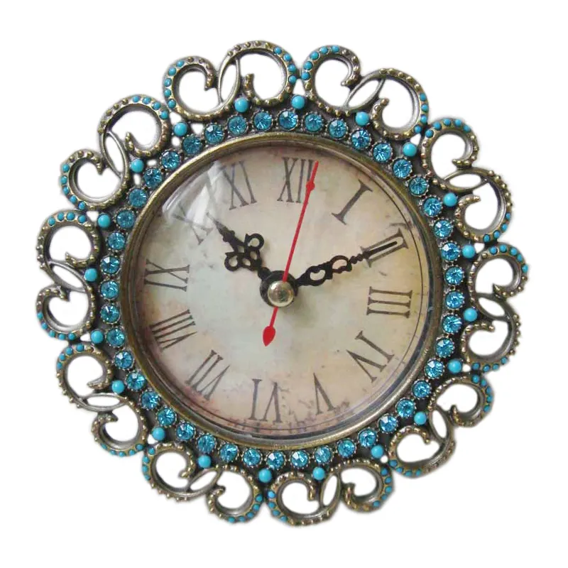 Antique bronze azul Jeweled Metal zinco liga mesa relógio redondo