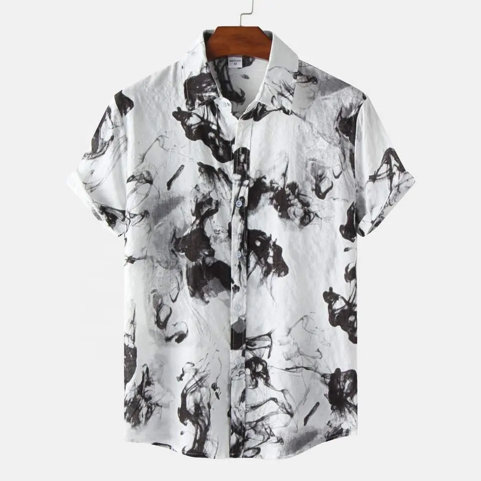 Oem 여름 남자 하와이안 셔츠 기하학적 프린트 짧은 소매 버튼 리조트 캐주얼 비치 셔츠 남성 2023 면 남성 셔츠