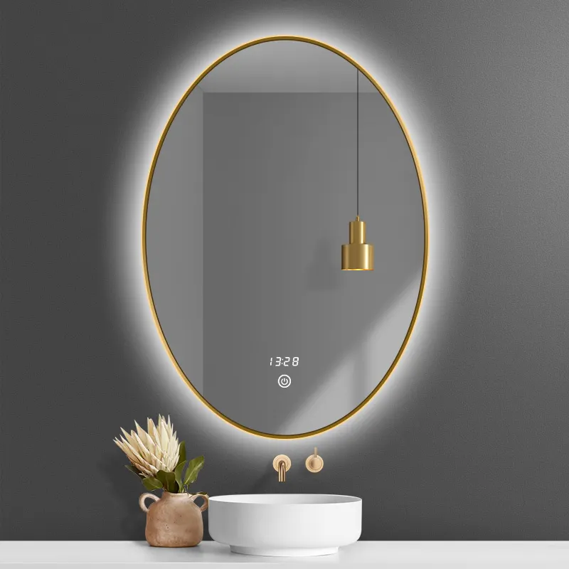 Espelho de parede de design simples, espelho de metal de led de forma oval para banheiro e hotel