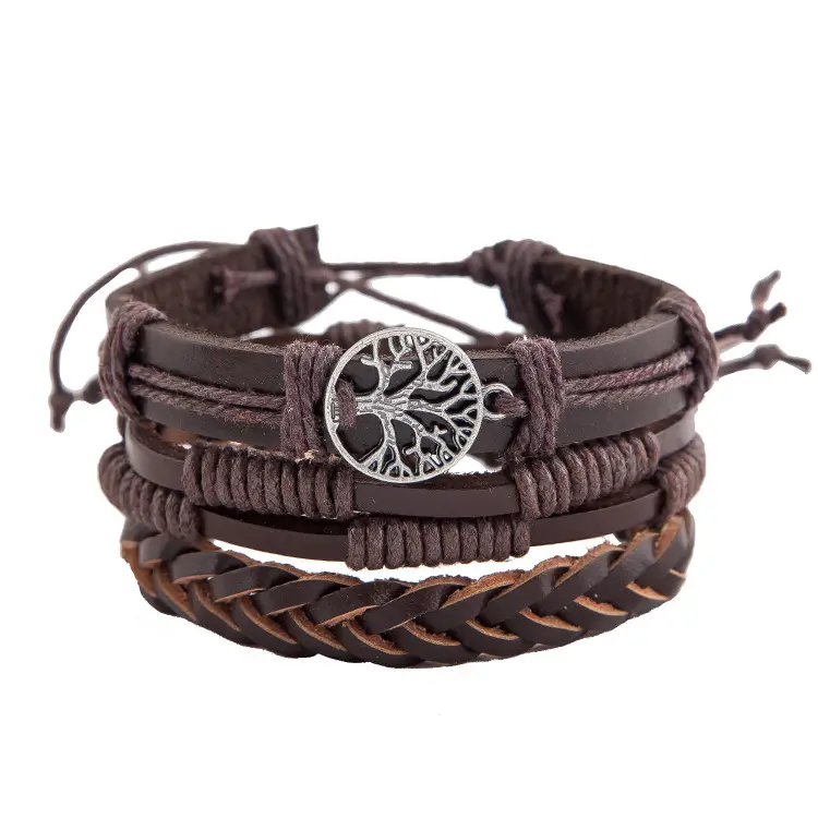 Bracelets rétro multicouches pour hommes, Bracelets ajustables en cuir tressé, arbre de vie, marron, collection